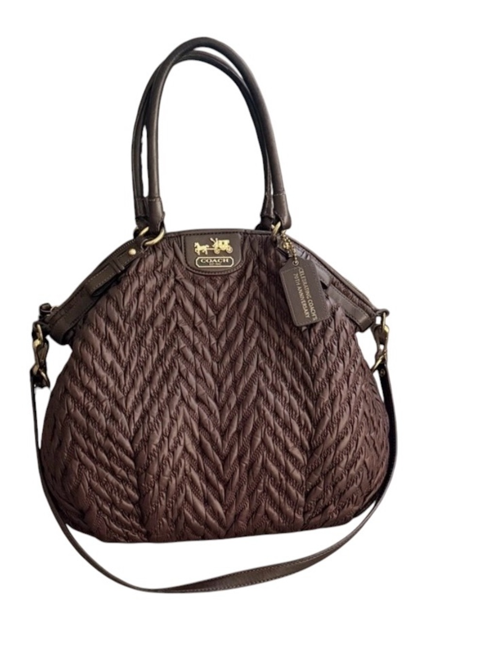 COACH MADISON CHEVRON QUILTED NYLON LEATHER SATCHEL BAG BROWN